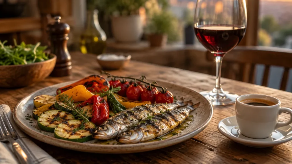 Assiette de légumes grillés et de poisson gras sur une table en bois, avec un verre de vin rouge et une tasse de café