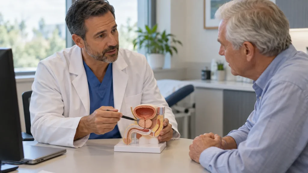 Un urologue explique une intervention de la prostate à un patient dans un cabinet médical.