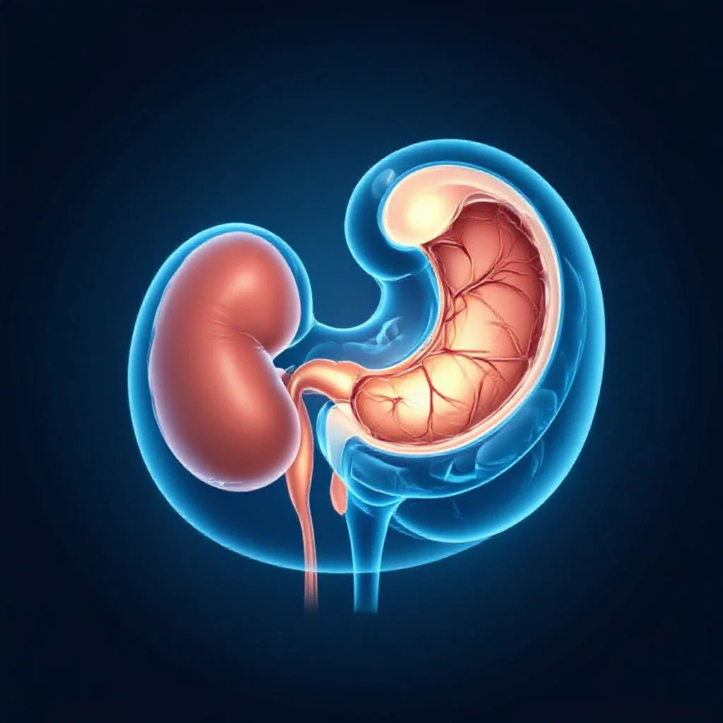 Cross-section of the male lower urinary tract showing an enlarged prostate compressing the urethra and a thickened, trabecula