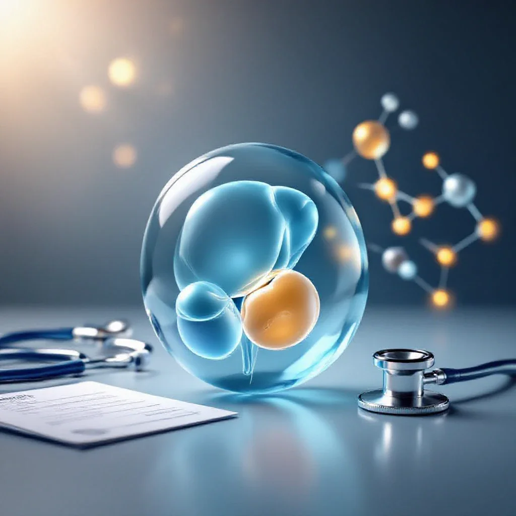 A medical-style illustration of a translucent prostate gland with a prescription pad and stethoscope on one side and glowing