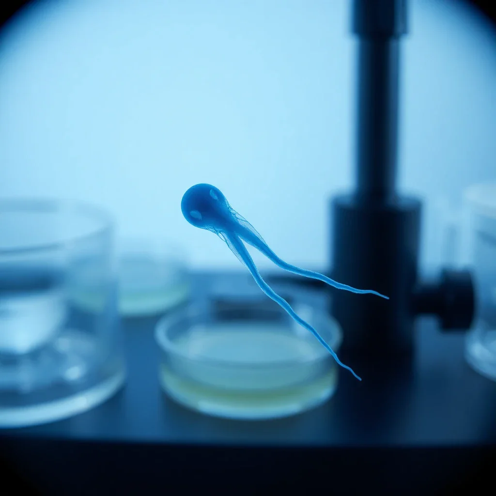 A human sperm cell observed under an optical microscope with blue illumination, showing its head, midpiece, and tail in sharp