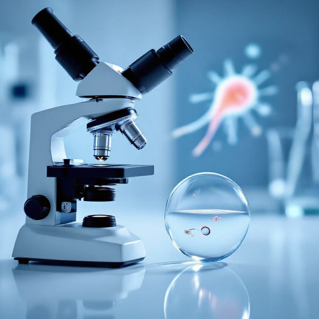 A microscope and glass slide on a white lab table, with a blurred sperm cell in the background, representing male fertility t