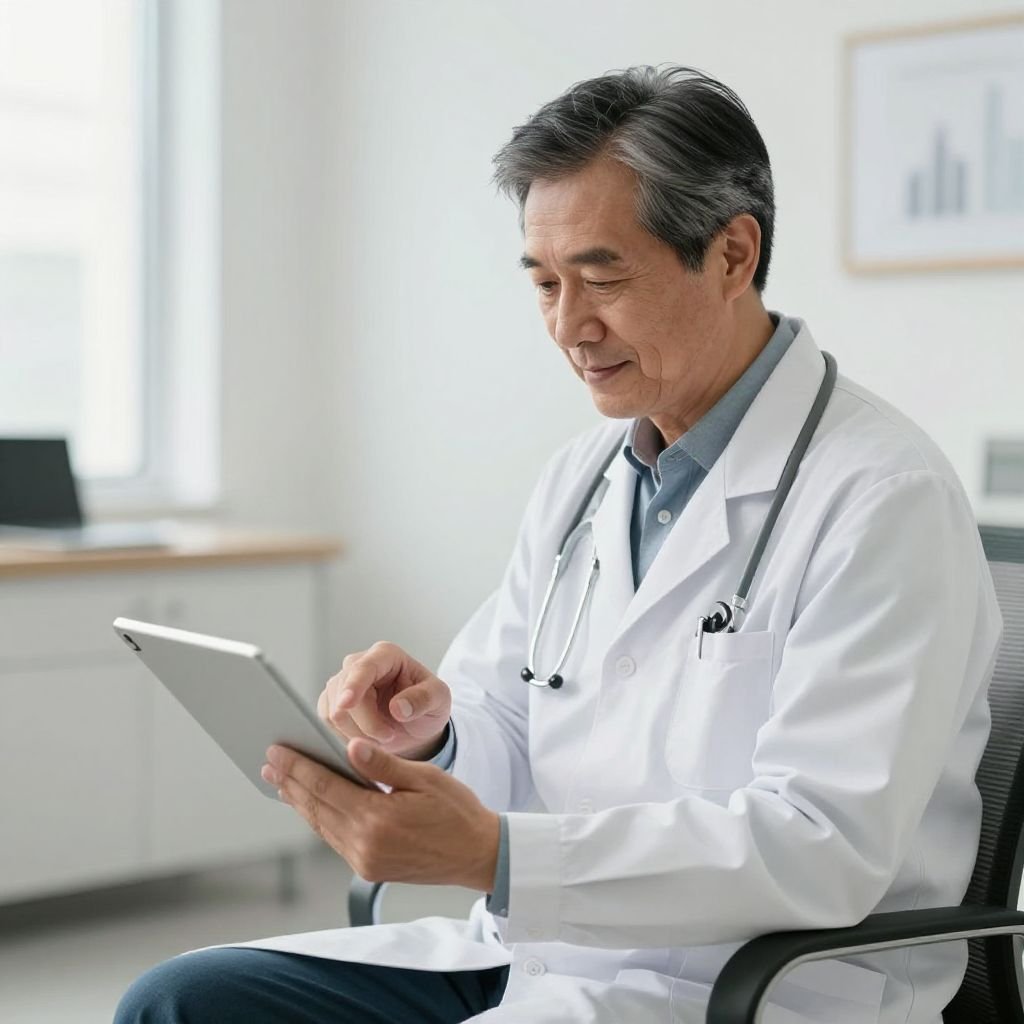 Médecin présentant des résultats de dépistage sur tablette