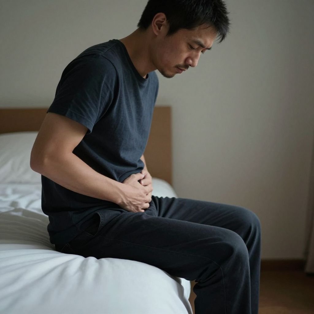 Homme assis au bord du lit avec douleur abdominale basse