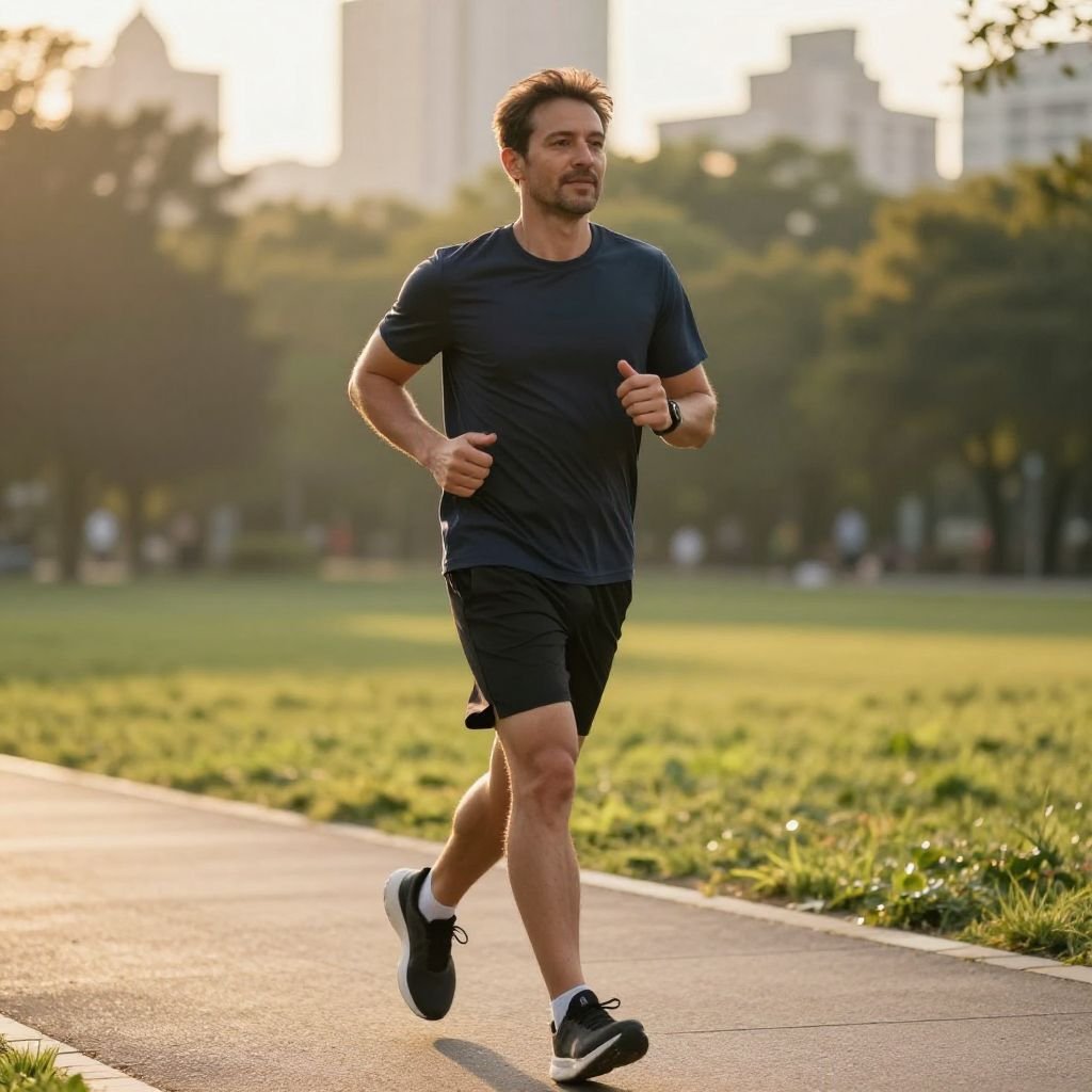 Homme de 45 ans faisant un jogging matinal dans un parc