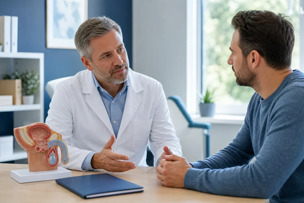 Un homme échange avec un médecin dans un cabinet d’urologie moderne, symbolisant une décision médicale informée autour de la