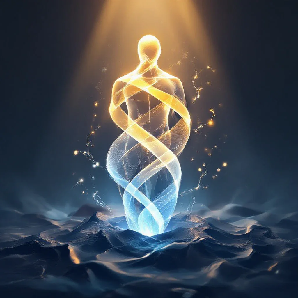 Abstract 3D illustration of a glowing, golden geometric form rising from a dark background, symbolizing vitality, restored ma