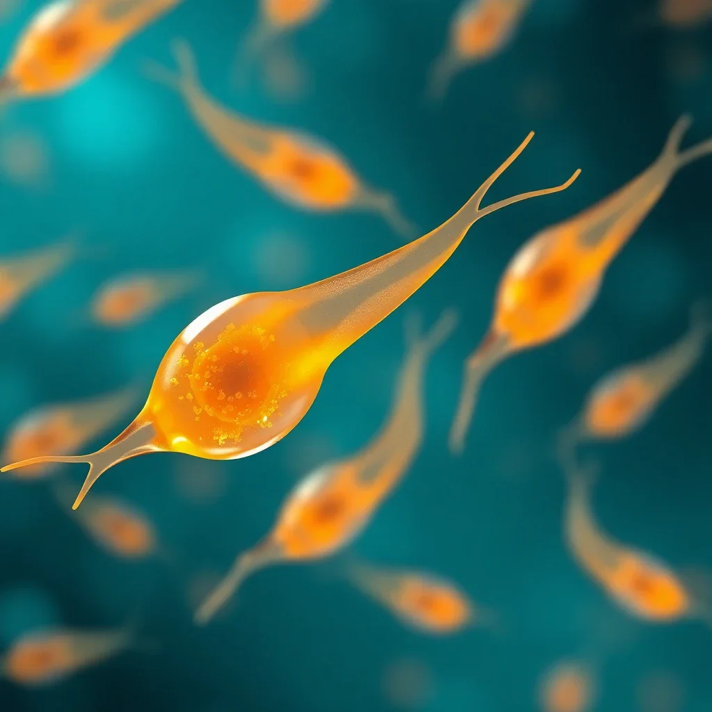 Abstract microscopic illustration of sperm cells with glowing golden heads moving through a deep blue environment, symbolizin