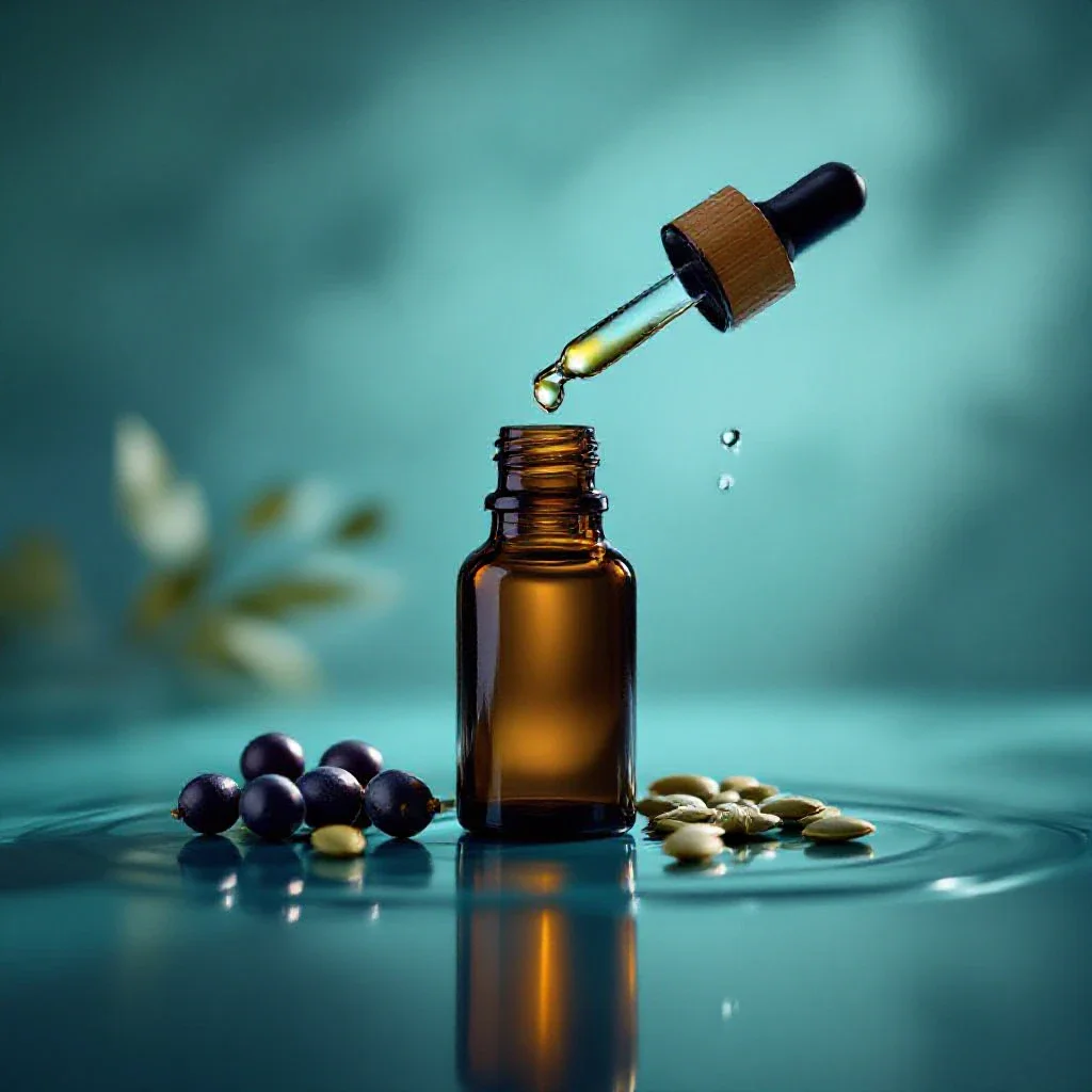 A minimalist and professional macro photograph of an amber essential oil bottle with a dropper, on a reflective surface with