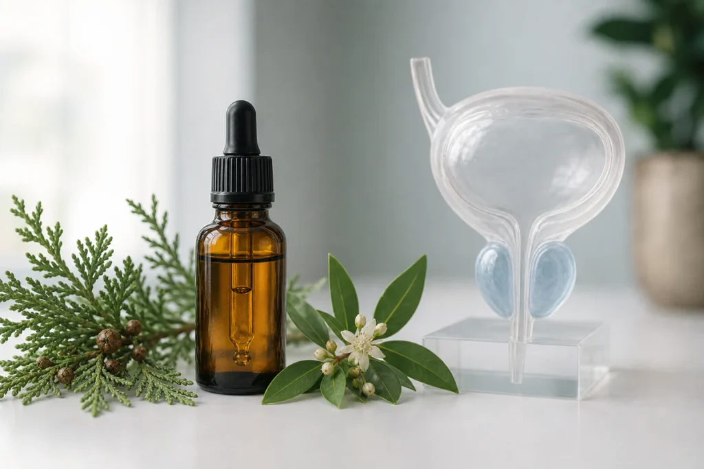 Amber essential oil bottle with Mediterranean botanicals beside an abstract prostate and bladder model in a calm clinical set