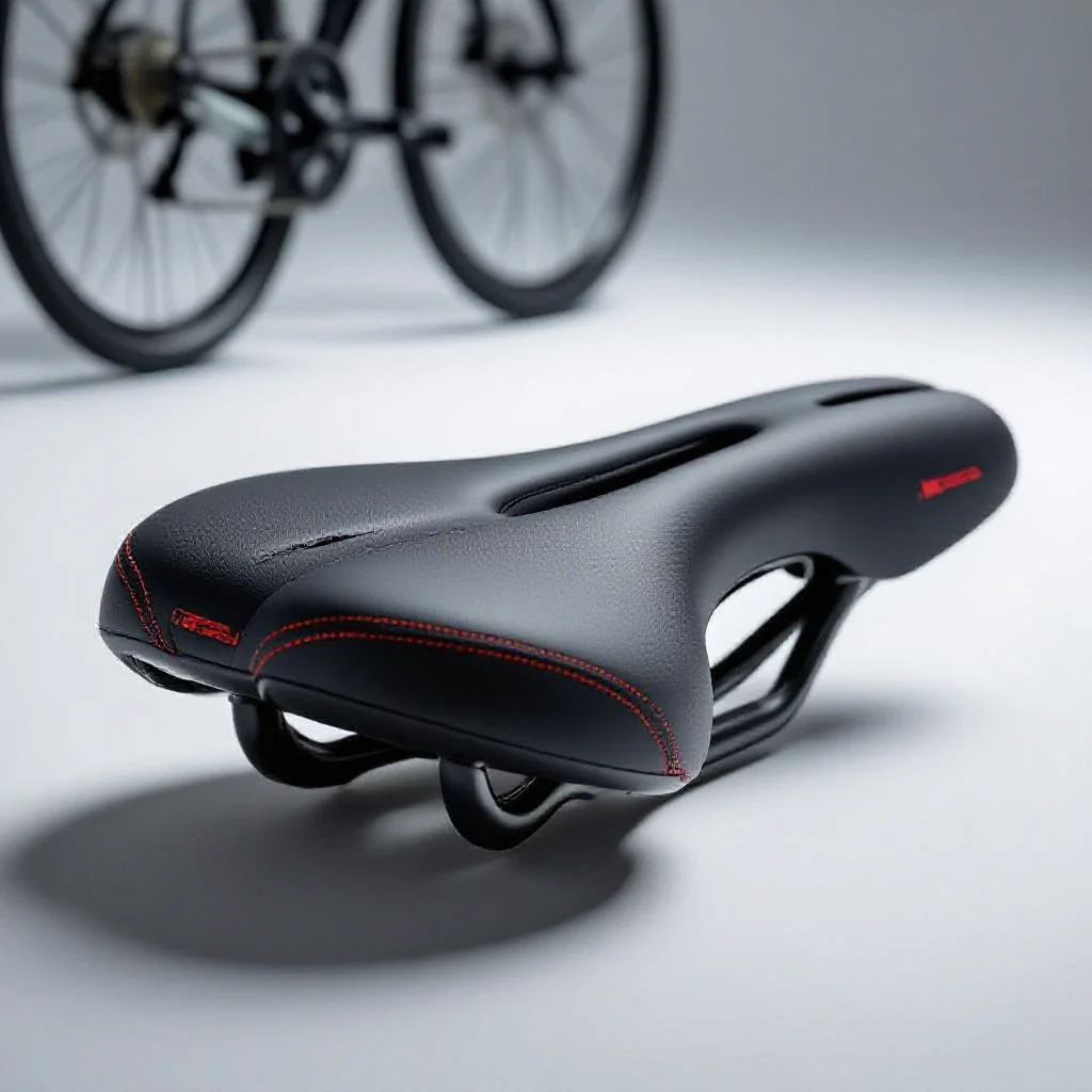 A close-up of a modern ergonomic bicycle saddle with a central cutout, isolated on a white background, symbolizing comfort an