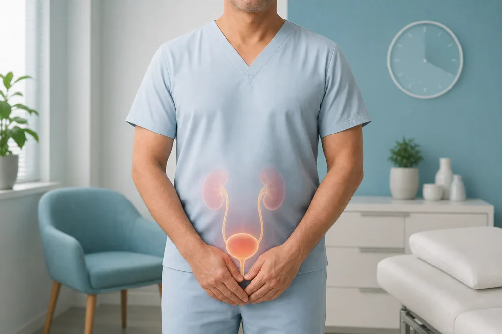 Illustration médicale d’un homme avec une évocation discrète de l’appareil urinaire et du temps de suivi des symptômes.