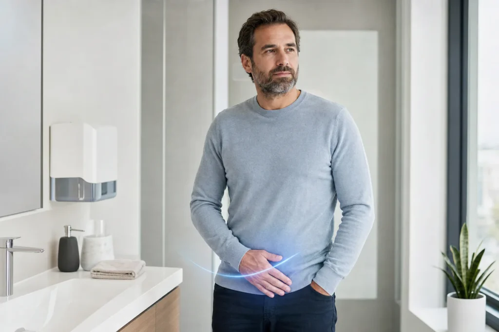 Homme adulte dans un environnement médical sobre, évoquant une gêne urinaire sans signe de fièvre.