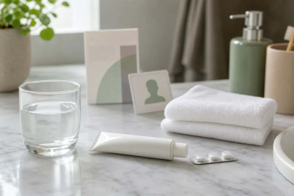 Discreet healthcare scene with antifungal treatment items on a clean bathroom counter.