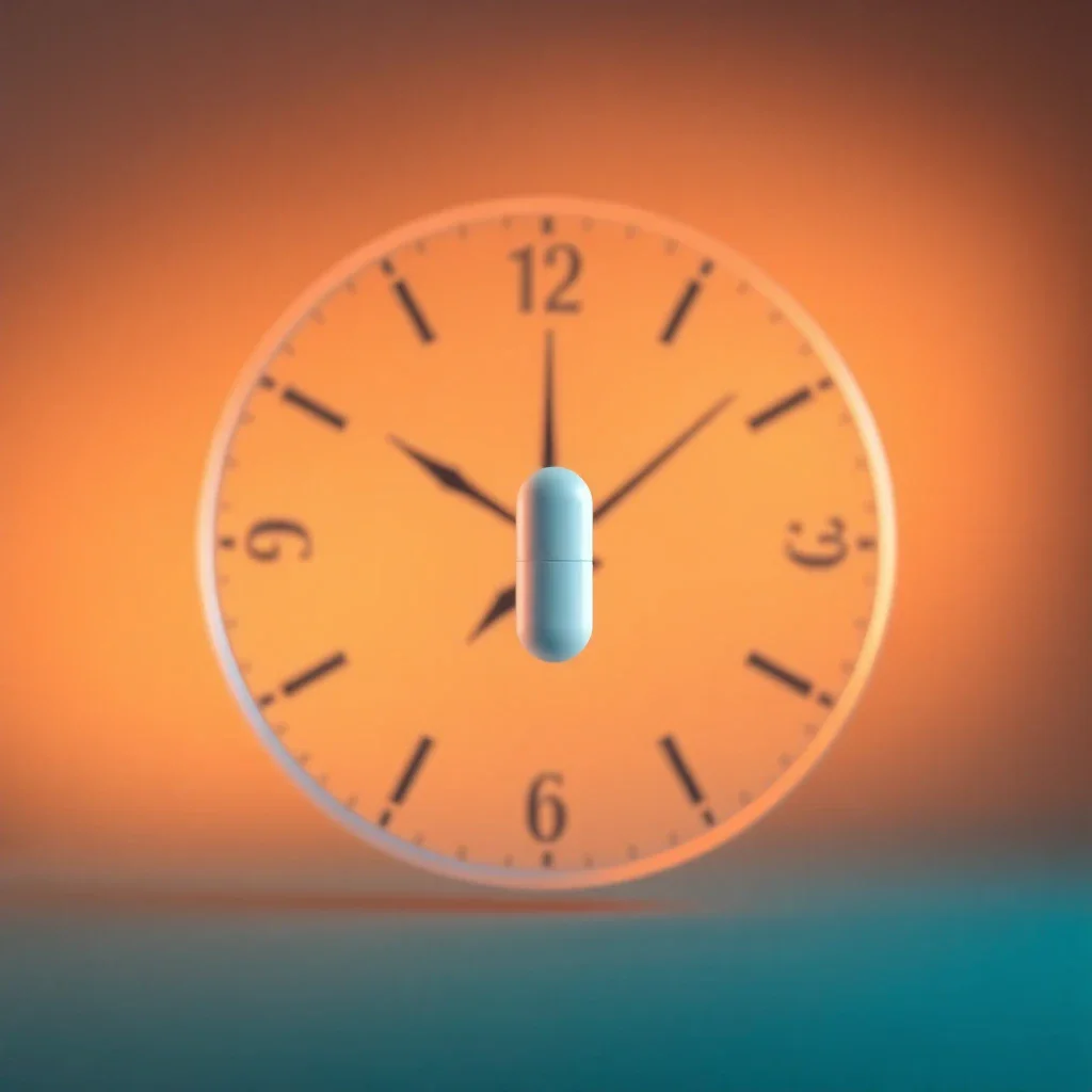 A single white tablet floating in front of a sophisticated, glowing clock face against a calming teal background, symbolizing