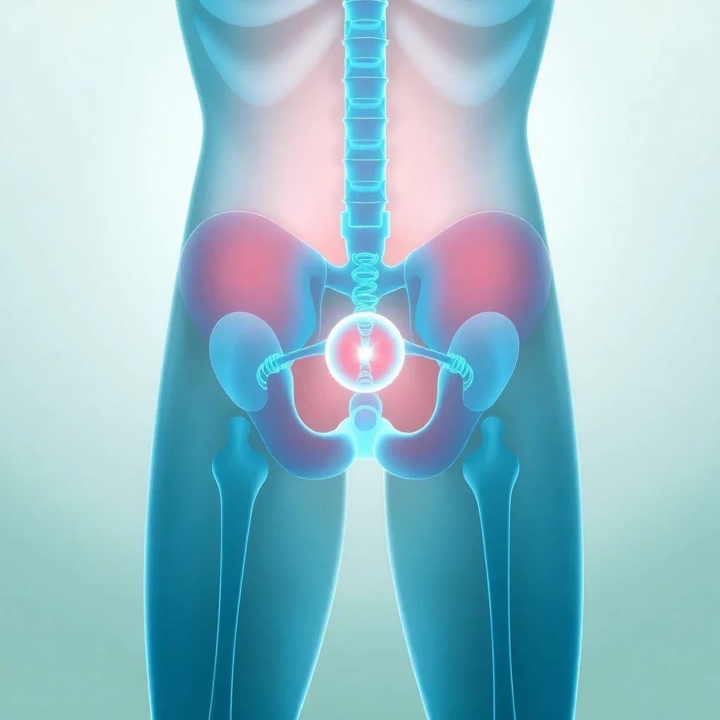 Abstract medical illustration of male pelvic anatomy with intersecting figures highlighting urinary and reproductive systems,