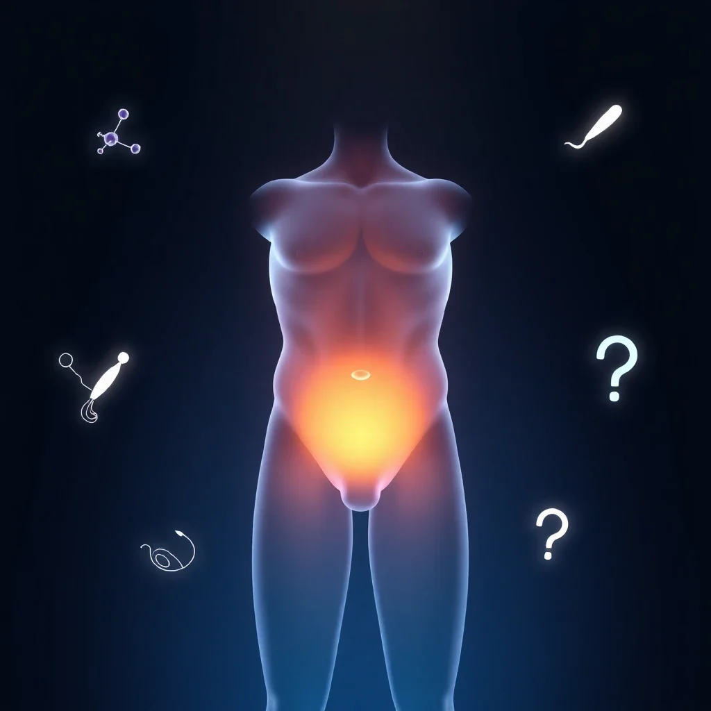Artistic 3D medical illustration of a translucent male torso with glowing amber and blue internal highlights, surrounded by a