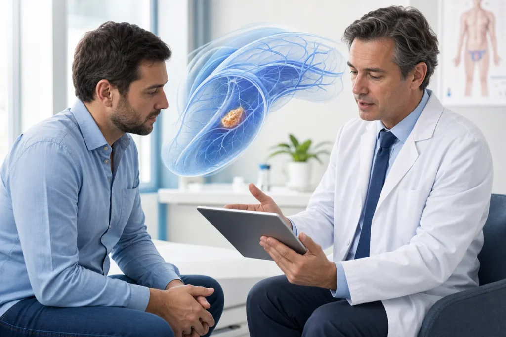 Illustration discrète d'une consultation d'urologie avec une visualisation abstraite d'une plaque fibreuse dans les tissus ca
