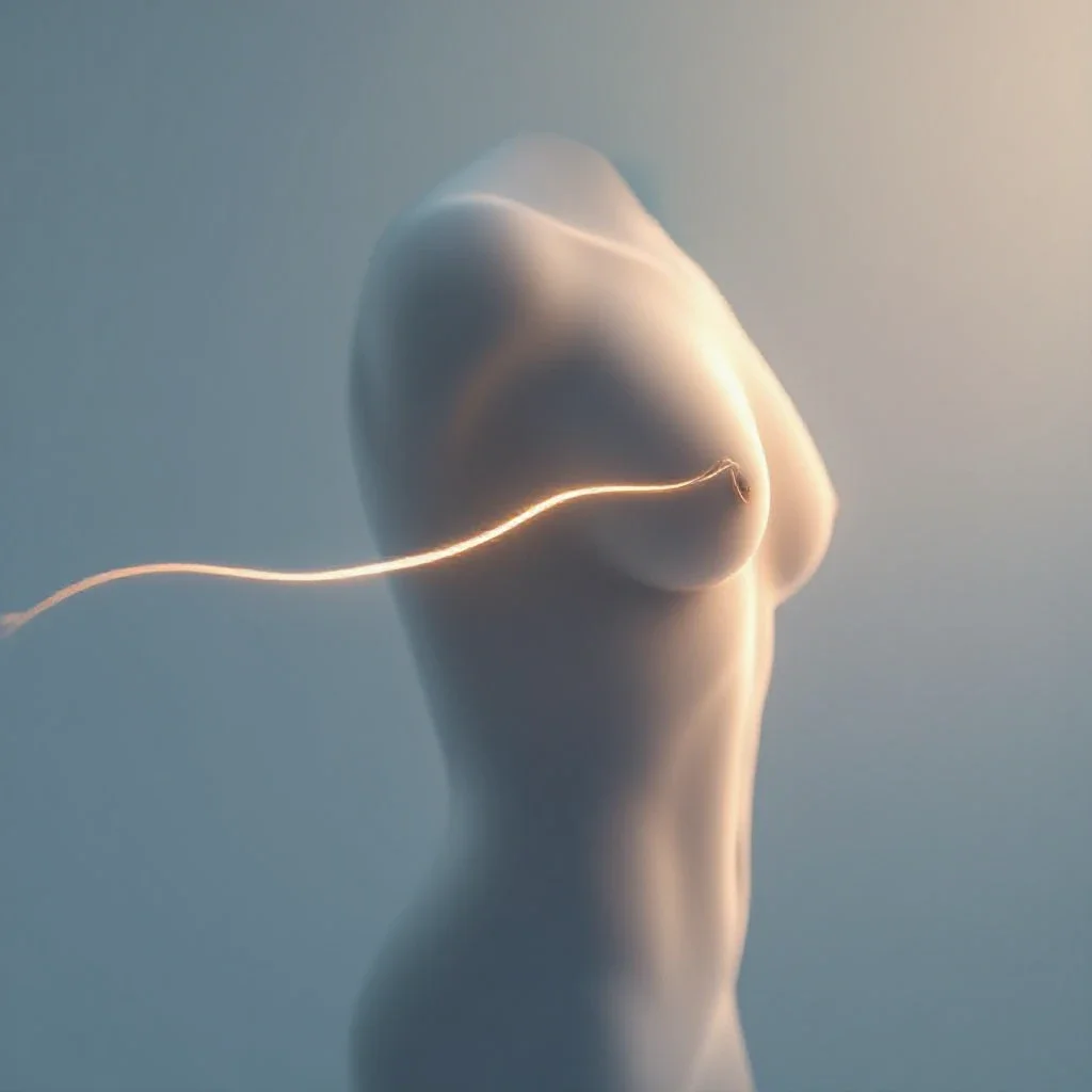 A minimalist medical illustration showing a stylized male torso with a soft glowing line indicating a gentle leftward curve,