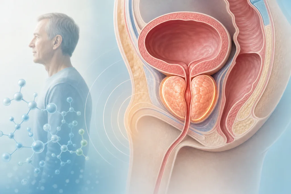 Illustration médicale stylisée montrant la prostate autour de l'urètre avec des éléments abstraits évoquant le vieillissement