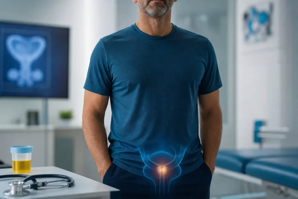 Homme dans un environnement médical avec une visualisation discrète de la zone pelvienne, symbolisant le repérage des signes