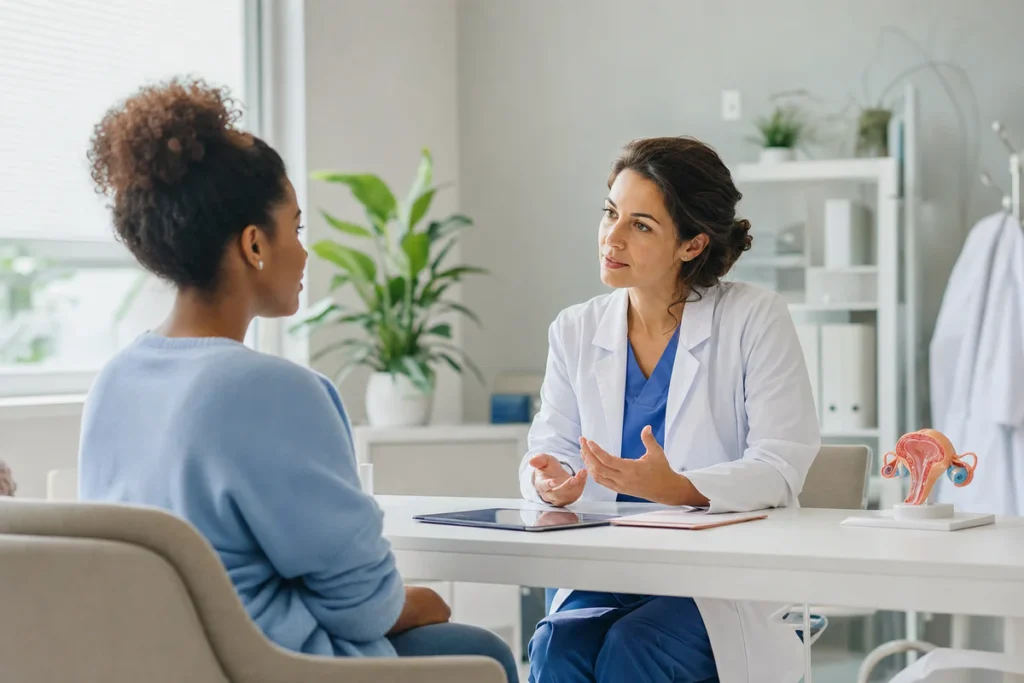 Patient consulting a doctor in a modern clinic about a sensitive intimate health concern.