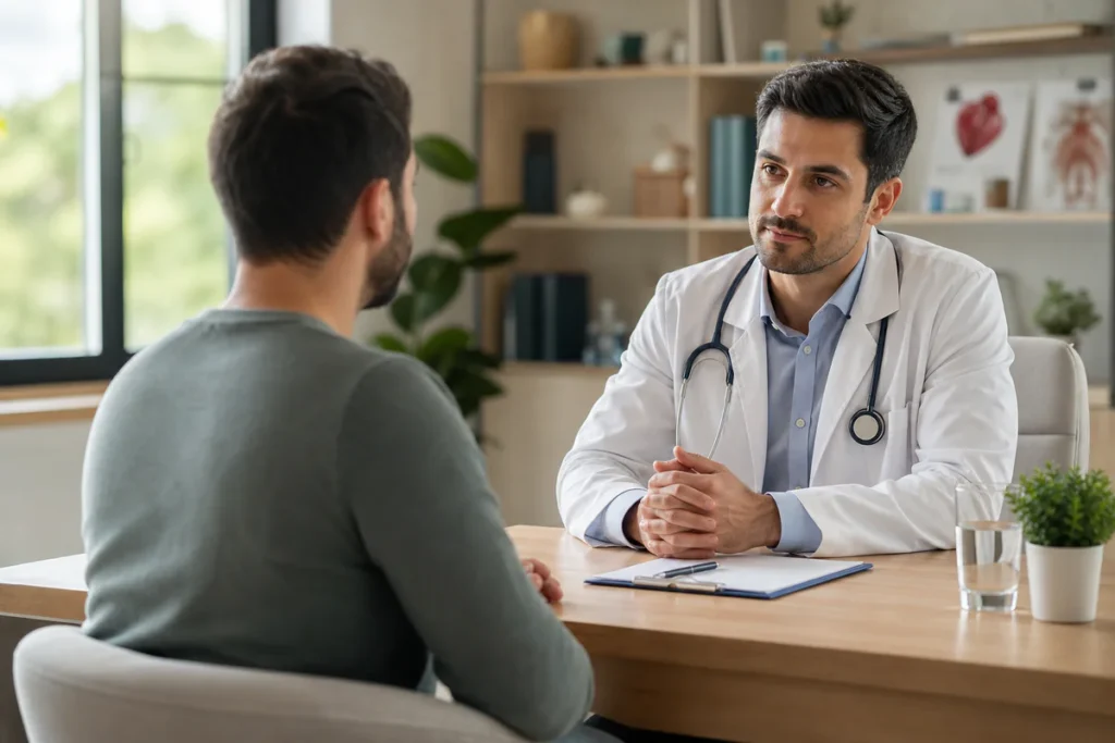 Un homme consulte un professionnel de santé dans un cabinet médical moderne au sujet de troubles de l'érection.