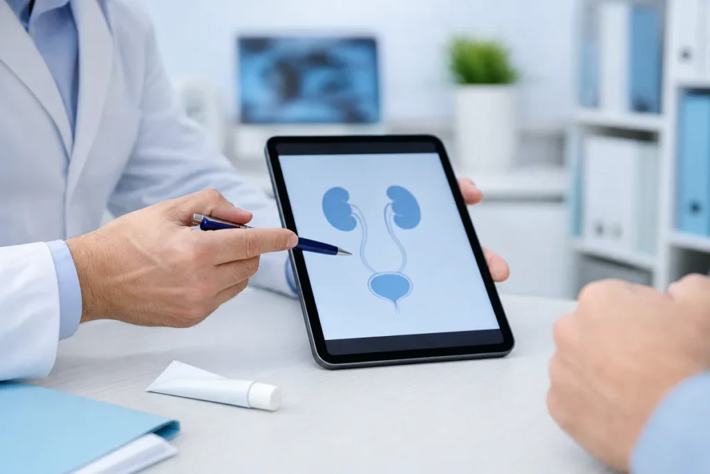 Médecin présentant discrètement des options de traitement urologique sur une tablette dans un cadre médical moderne.