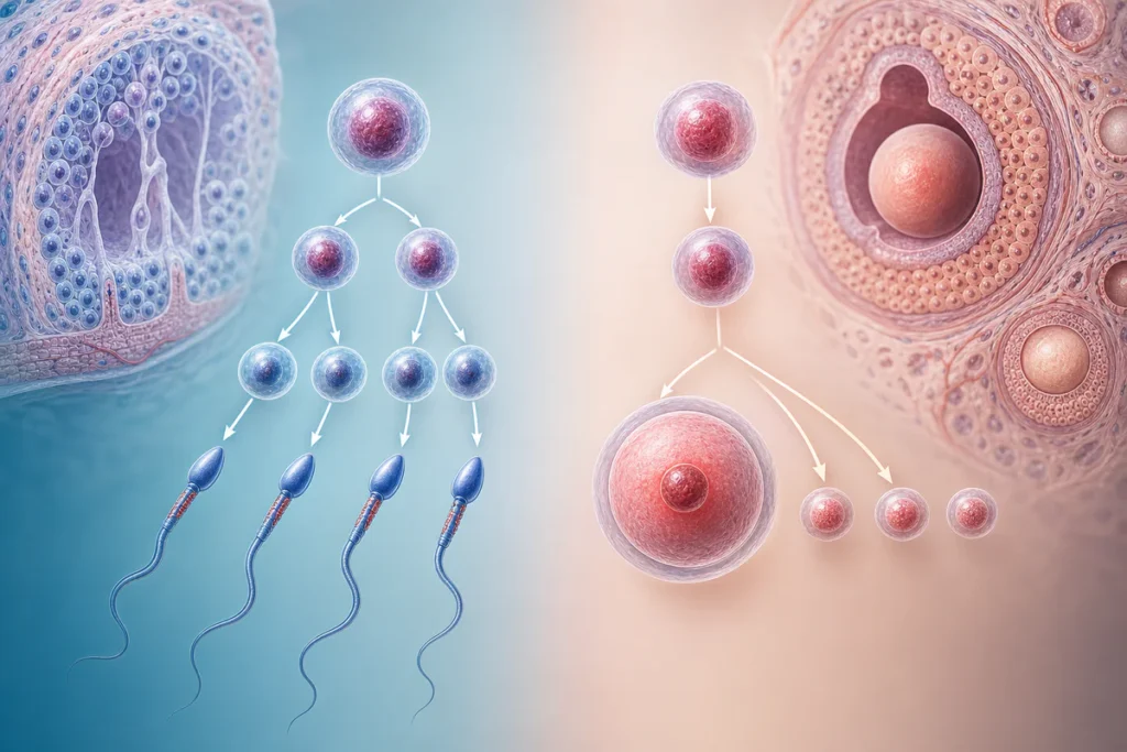 Illustration conceptuelle comparant la spermatogenèse et l'ovogenèse, avec une voie produisant quatre spermatozoïdes et une a