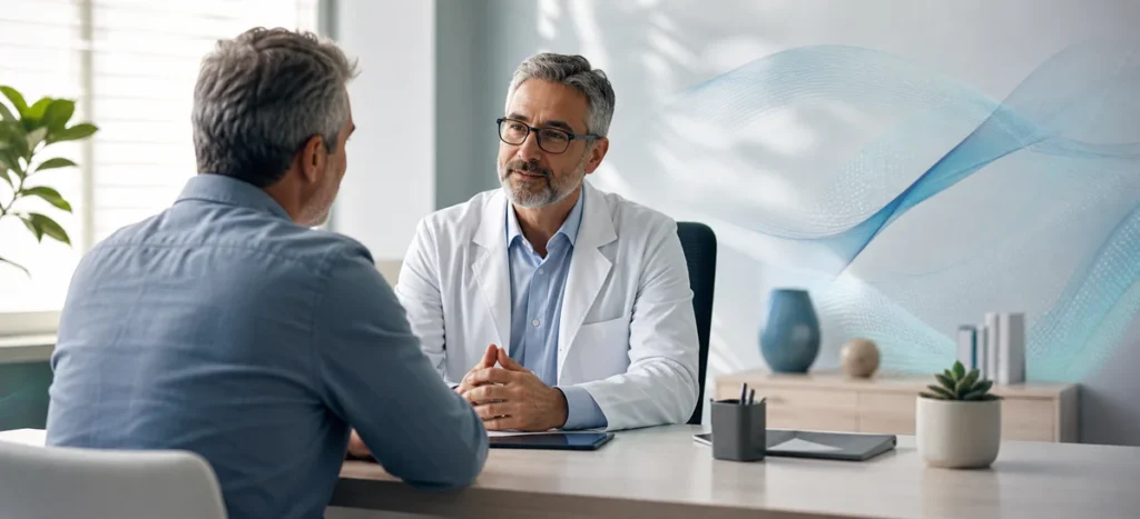 Un homme échange calmement avec un médecin dans un cabinet moderne, illustrant la dysfonction érectile et la santé masculine