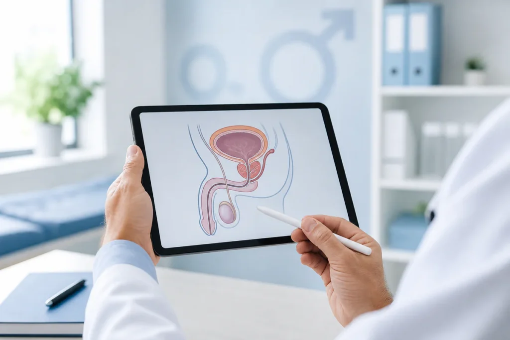 Image médicale sobre illustrant une consultation autour de la santé génitale masculine, sans représentation explicite.