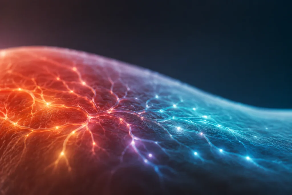 Abstract glowing nerve-like light pathways transitioning from warm red to cool blue tones, symbolizing gradual desensitizatio