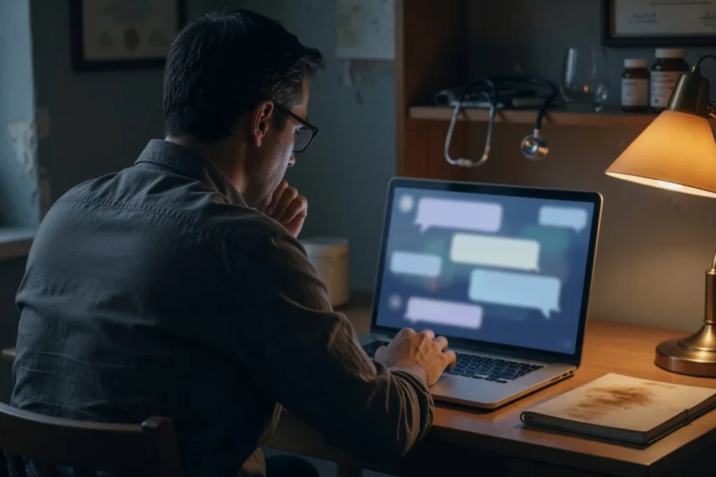 Man sitting alone at night reading an online forum on his laptop, warm lamp light contrasting with the screen's glow, symboli