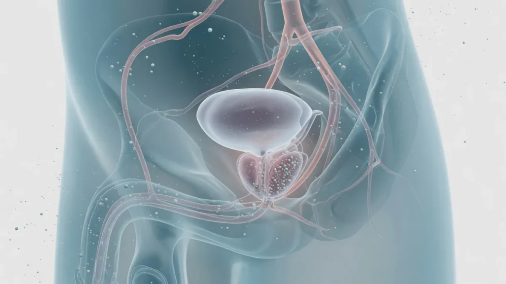 Editorial medical illustration symbolizing prostate artery embolization and the careful evaluation of its benefits and risks.