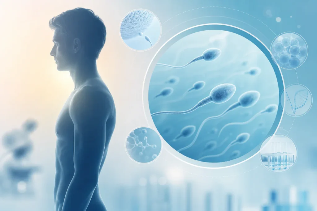 Illustration médicale conceptuelle montrant la fertilité masculine comme un ensemble d'indices biologiques et cliniques.