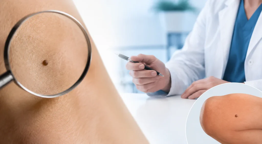 Discreet medical illustration symbolizing the observation of a stable pigmented mark and the decision to seek medical advice.