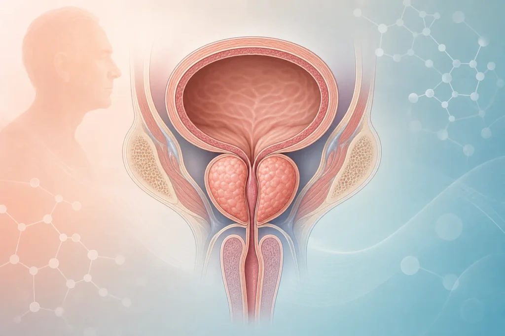 Illustration médicale stylisée montrant une prostate élargie autour de l’urètre sous la vessie, avec des éléments abstraits é