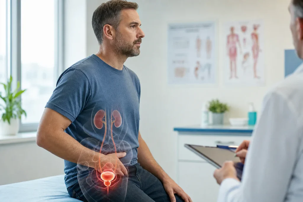 Homme assis dans un environnement médical avec une visualisation discrète du système urinaire masculin et de la prostate.