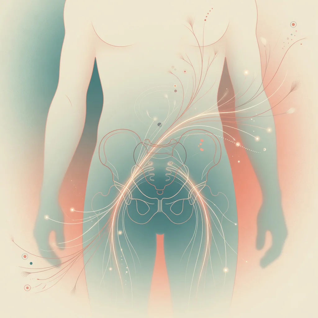 Illustration médicale abstraite et symbolique évoquant la sensibilité et l'anatomie masculine, dans des tons chauds et apaisa