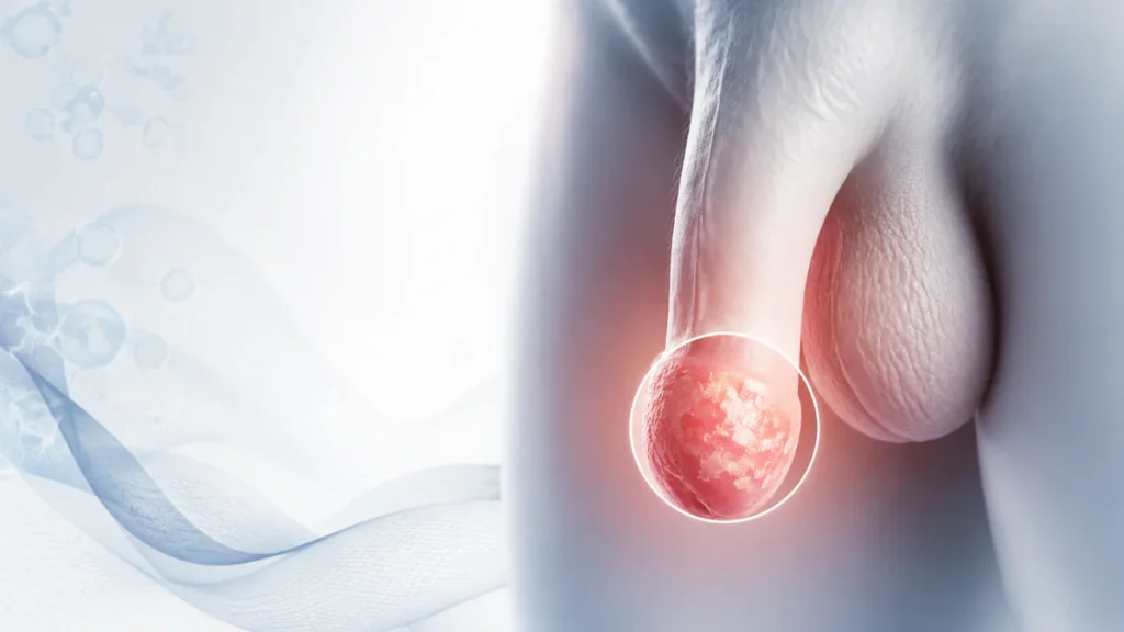 Tasteful medical illustration symbolizing lichen plan inflammation affecting the glans, with a subtle highlighted lesion area