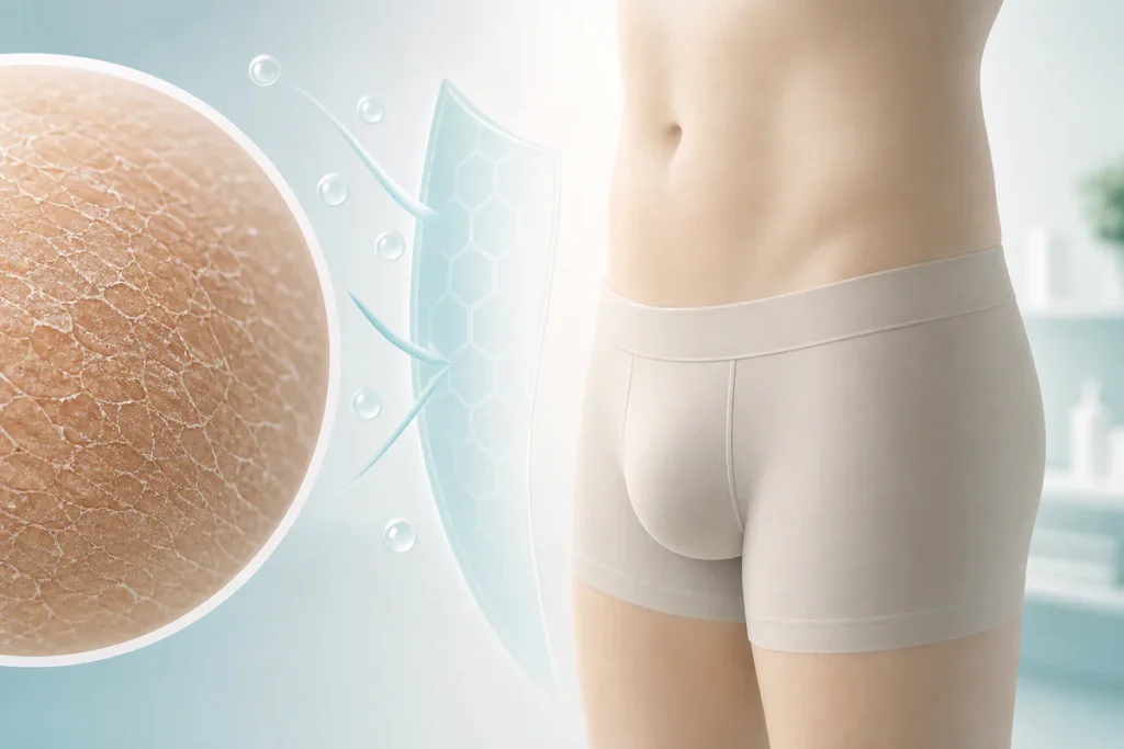 Illustration médicale sobre évoquant la sécheresse de la peau intime masculine et la protection de la barrière cutanée.
