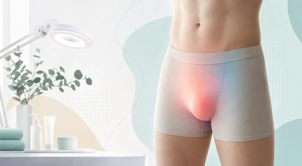 Illustration médicale discrète représentant une gêne intime masculine avec une zone pelvienne subtilement mise en évidence da