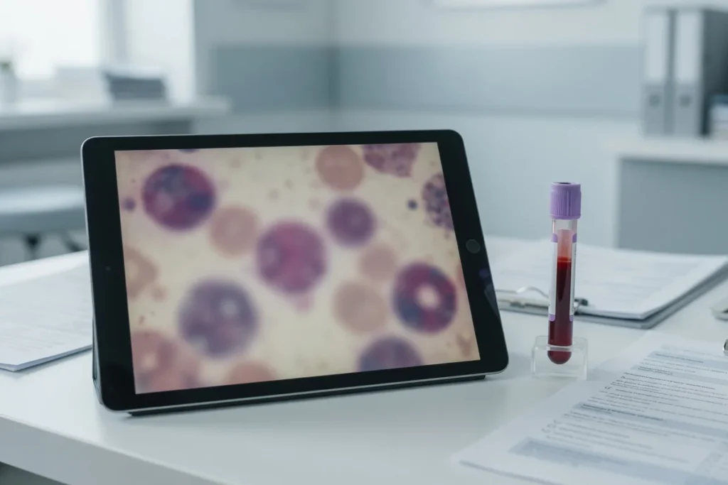 A clinician reviews an anonymized medical image beside a blood test sample, illustrating that syphilis diagnosis requires med