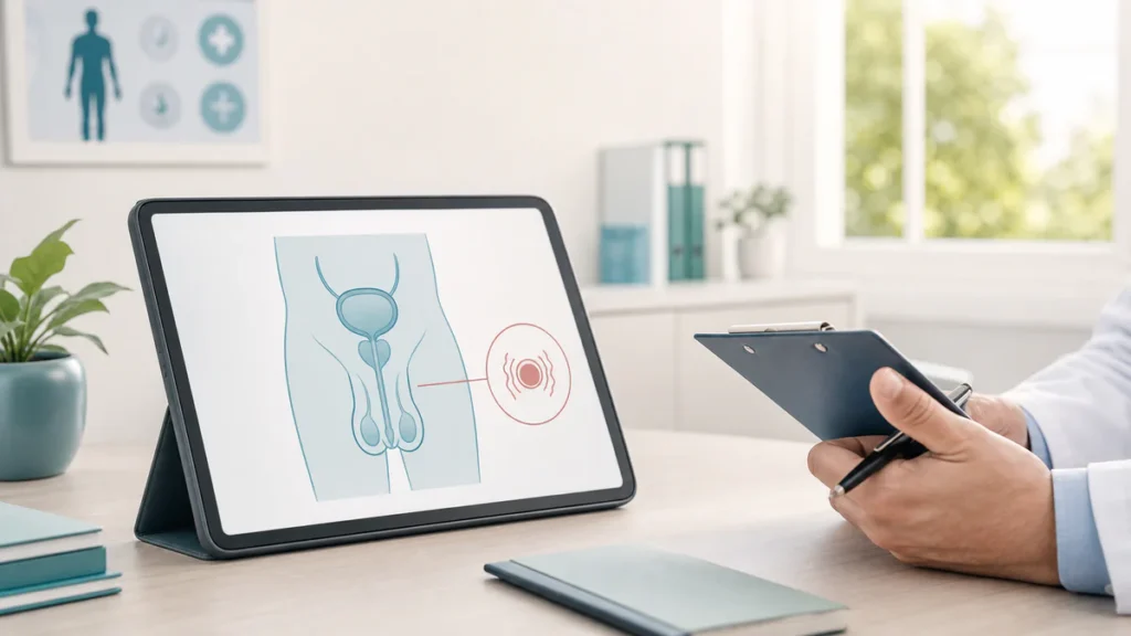Illustration discrète d’une consultation médicale sur la santé intime masculine avec un schéma anatomique simplifié sur une t