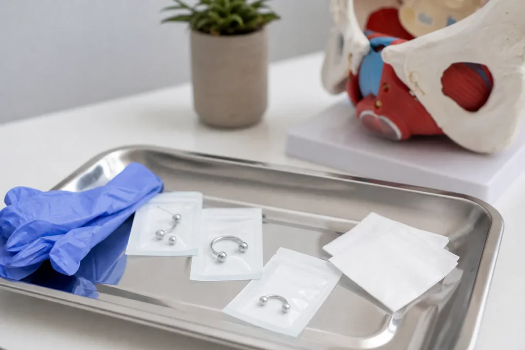 Sterile medical tools and piercing jewelry arranged in a calm clinical setting to illustrate prudent information about genita