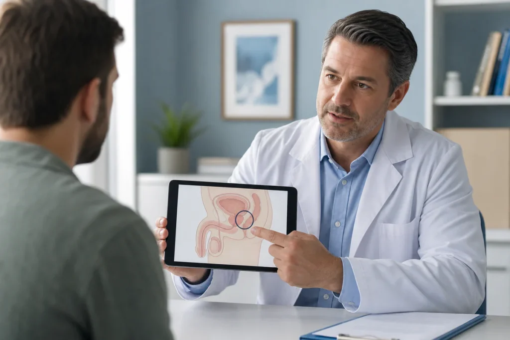Médecin consultant une illustration médicale abstraite sur la santé intime masculine dans un environnement clinique rassurant