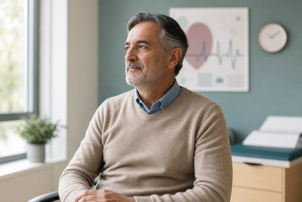 Homme mature dans un cabinet médical moderne, évoquant avec sobriété la santé masculine et le vieillissement.