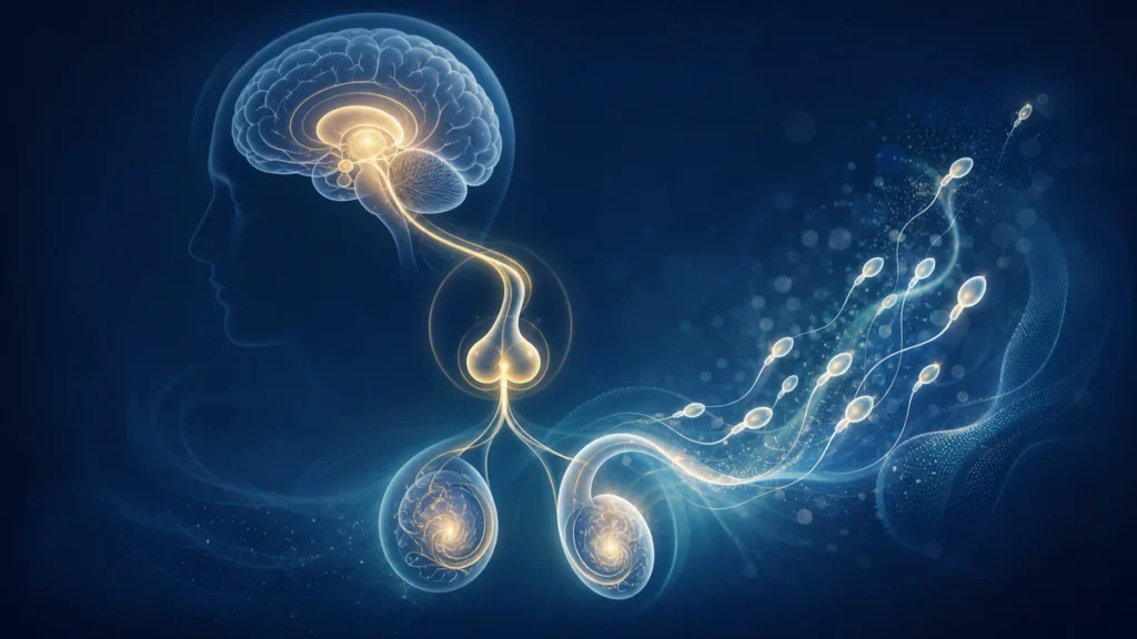 Illustration abstraite du dialogue hormonal entre cerveau, hypophyse et testicules dans la spermatogenèse.