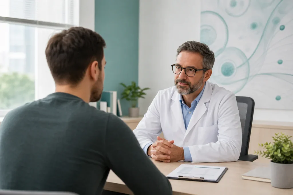 Un homme consulte un médecin dans un cabinet moderne au sujet de la fertilité masculine, dans une ambiance calme et rassurant