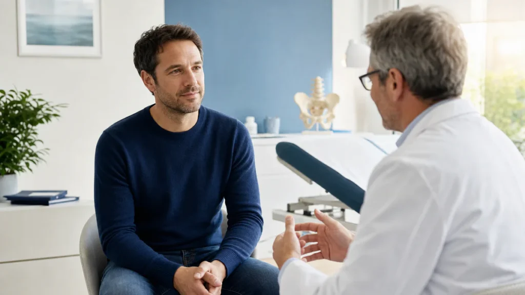 Un homme consulte un médecin dans un cabinet médical moderne pour une douleur testiculaire, dans une ambiance calme et rassur